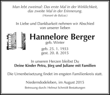 Traueranzeige von Hannelore Berger (geb. Winter)  von Magdeburger Volksstimme