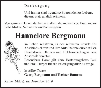 Traueranzeige von Hannelore Bergmann  von Magdeburger Volksstimme