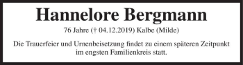 Traueranzeige von Hannelore Bergmann  von Magdeburger Volksstimme