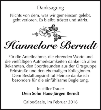 Traueranzeige von Hannelore Berndt  von Magdeburger Volksstimme