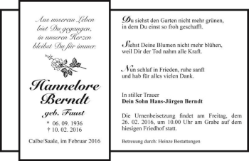 Traueranzeige von Hannelore Berndt (geb. Faust)  von Magdeburger Volksstimme