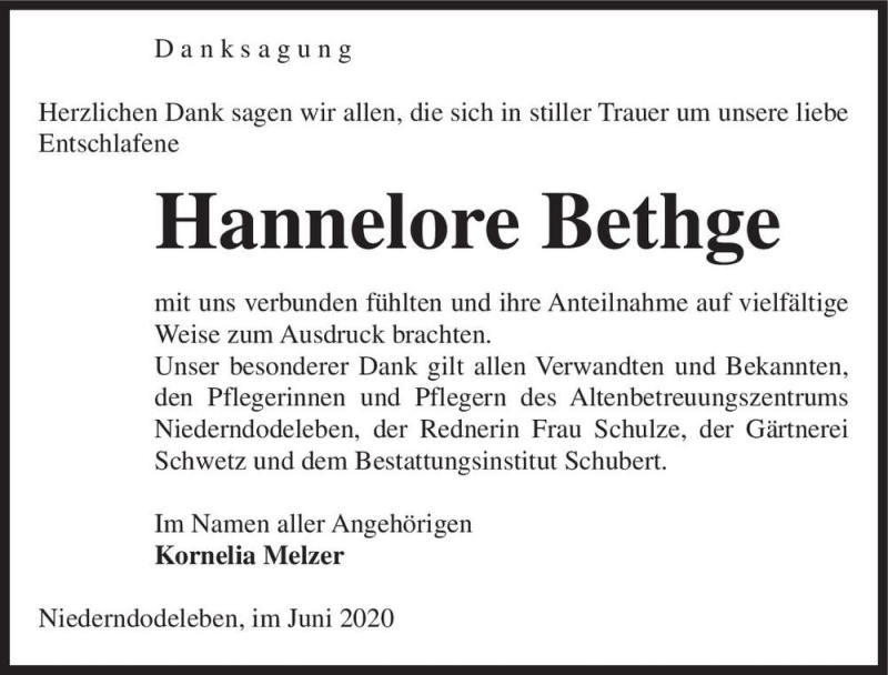  Traueranzeige für Hannelore Bethge  vom 13.06.2020 aus Magdeburger Volksstimme