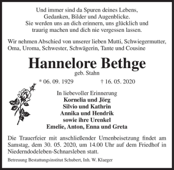 Traueranzeige von Hannelore Bethge (geb. Stahn)  von Magdeburger Volksstimme