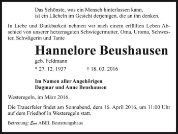 Traueranzeige von Hannelore Beushausen (geb. Feldmann)  von Magdeburger Volksstimme