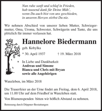 Traueranzeige von Hannelore Biedermann  von Magdeburger Volksstimme