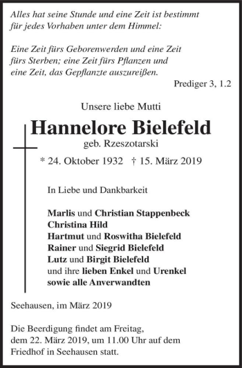 Traueranzeige von Hannelore Bielefeld (geb. Rzeszotarski)  von Magdeburger Volksstimme