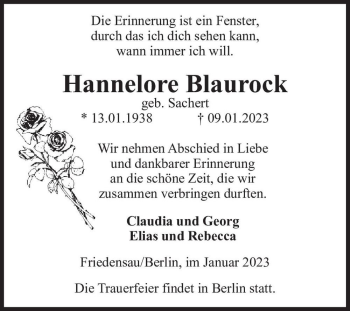 Traueranzeige von Hannelore Blaurock (geb. Sachert)  von Magdeburger Volksstimme