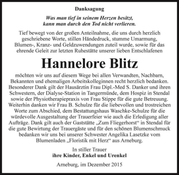 Traueranzeige von Hannelore Blitz  von Magdeburger Volksstimme