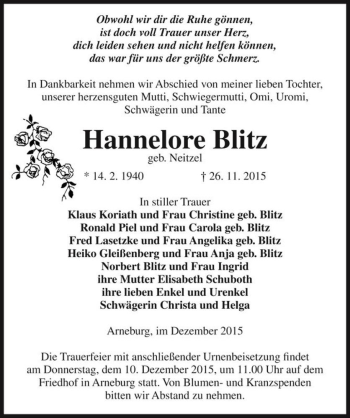 Traueranzeige von Hannelore Blitz (geb. Neitzel)  von Magdeburger Volksstimme