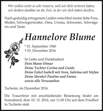 Traueranzeige von Hannelore Blume  von Magdeburger Volksstimme