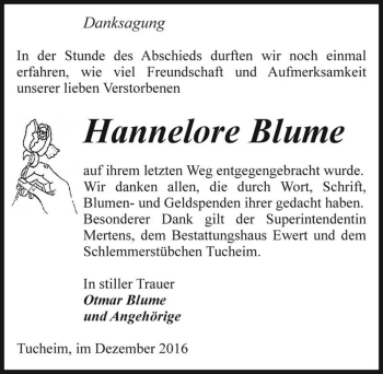 Traueranzeige von Hannelore Blume  von Magdeburger Volksstimme