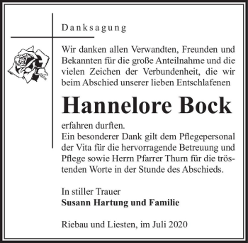 Traueranzeige von Hannelore Bock  von Magdeburger Volksstimme