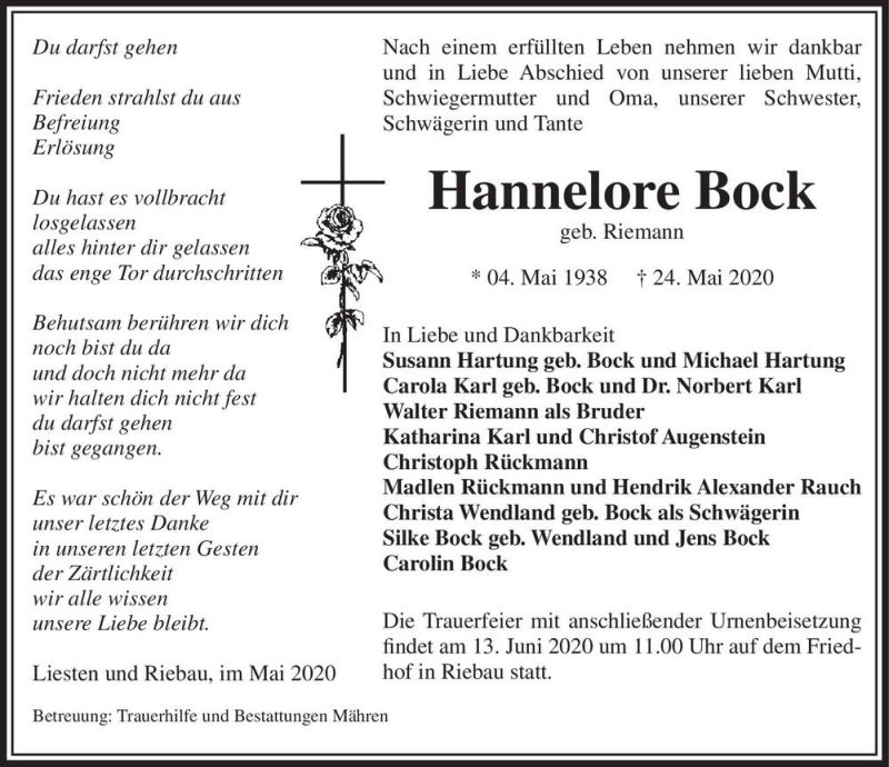  Traueranzeige für Hannelore Bock (geb. Riemann)  vom 27.05.2020 aus Magdeburger Volksstimme