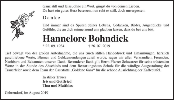 Traueranzeige von Hannelore Bohndick  von Magdeburger Volksstimme