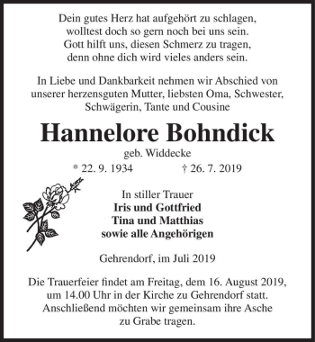 Traueranzeige von Hannelore Bohndick (geb. Widdecke)  von Magdeburger Volksstimme