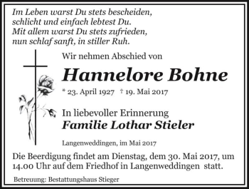 Traueranzeige von Hannelore Bohne  von Magdeburger Volksstimme