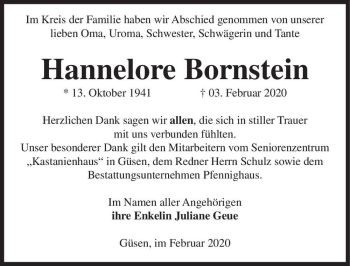 Traueranzeige von Hannelore Bornstein  von Magdeburger Volksstimme