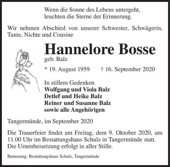 Traueranzeige von Hannelore Bosse (geb. Balz)  von Magdeburger Volksstimme