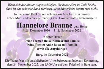 Traueranzeige von Hannelore Braune (geb. Heine)  von Magdeburger Volksstimme
