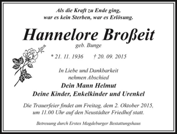 Traueranzeige von Hannelore Broßeit (geb. Bunge)  von Magdeburger Volksstimme