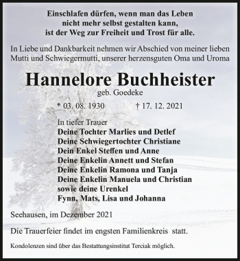 Traueranzeige von Hannelore Buchheister (geb. Goedeke)  von Magdeburger Volksstimme