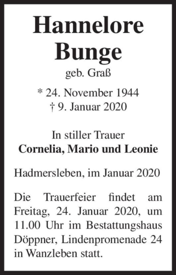 Traueranzeige von Hannelore Bunge (geb. Graß)  von Magdeburger Volksstimme
