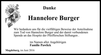 Traueranzeige von Hannelore Burger  von Magdeburger Volksstimme
