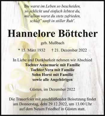 Traueranzeige von Hannelore Böttcher (geb. Mußbach)  von Magdeburger Volksstimme
