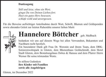 Traueranzeige von Hannelore Böttcher (geb. Mußbuch)  von Magdeburger Volksstimme