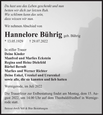 Traueranzeige von Hannelore Bührig (geb. Bührig)  von Magdeburger Volksstimme