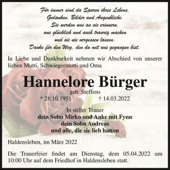 Traueranzeige von Hannelore Bürger (geb. Steffens)  von Magdeburger Volksstimme