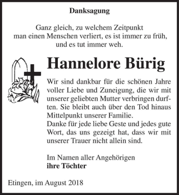 Traueranzeige von Hannelore Bürig  von Magdeburger Volksstimme