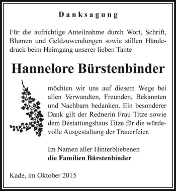 Traueranzeige von Hannelore Bürstenbinder  von Magdeburger Volksstimme