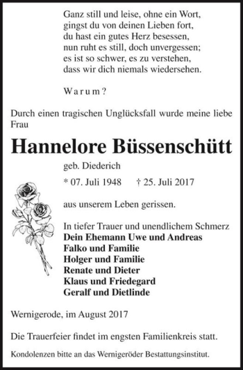Traueranzeige von Hannelore Büssenschütt (geb. Diederich)  von Magdeburger Volksstimme