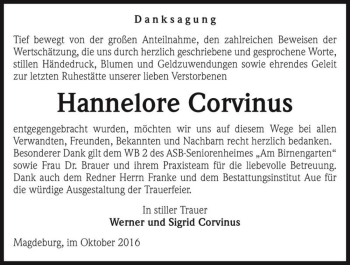 Traueranzeige von Hannelore Corvinus  von Magdeburger Volksstimme