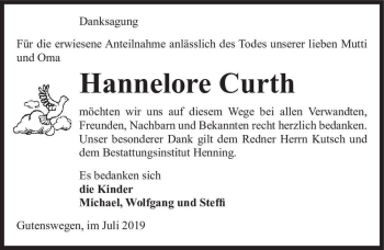 Traueranzeige von Hannelore Curth  von Magdeburger Volksstimme