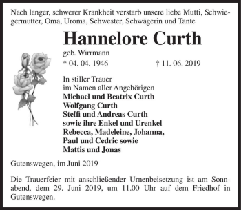 Traueranzeige von Hannelore Curth (geb. Wirrmann)  von Magdeburger Volksstimme
