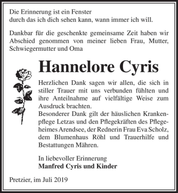 Traueranzeige von Hannelore Cyris  von Magdeburger Volksstimme