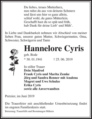 Traueranzeige von Hannelore Cyris (geb. Bode)  von Magdeburger Volksstimme