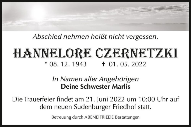  Traueranzeige für Hannelore Czernetzki  vom 21.05.2022 aus Magdeburger Volksstimme