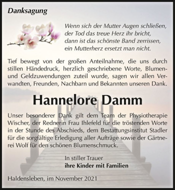 Traueranzeige von Hannelore Damm  von Magdeburger Volksstimme