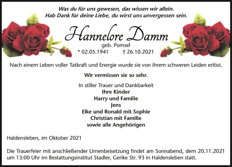  Traueranzeige für Hannelore Damm (geb. Pomsel)  vom 30.10.2021 aus Magdeburger Volksstimme