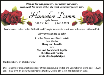 Traueranzeige von Hannelore Damm (geb. Pomsel)  von Magdeburger Volksstimme