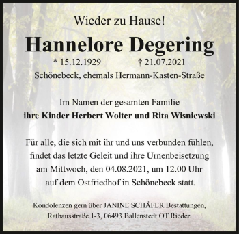Traueranzeige von Hannelore Degering  von Magdeburger Volksstimme
