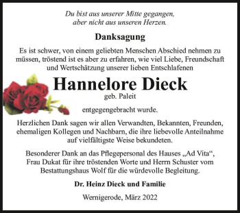 Traueranzeige von Hannelore Dieck (geb. Paleit)  von Magdeburger Volksstimme