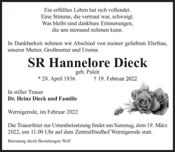Traueranzeige von Hannelore Dieck (geb. Paleit)  von Magdeburger Volksstimme