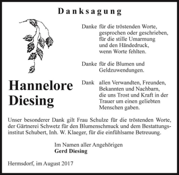 Traueranzeige von Hannelore Diesing  von Magdeburger Volksstimme