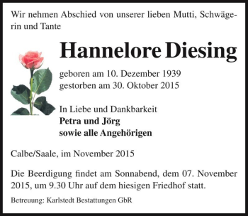 Traueranzeige von Hannelore Diesing  von Magdeburger Volksstimme