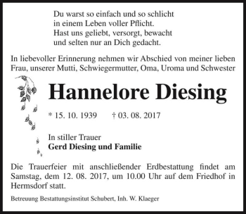 Traueranzeige von Hannelore Diesing  von Magdeburger Volksstimme