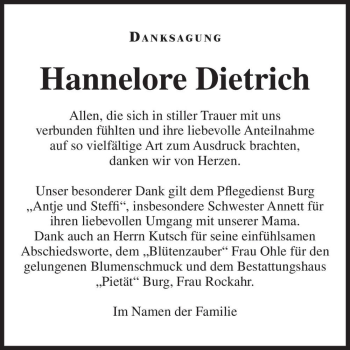 Traueranzeige von Hannelore Dietrich  von Magdeburger Volksstimme